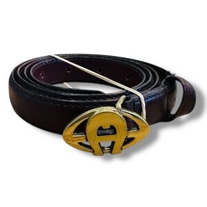 Vintage Etienne Aigner Brown Leather Belt with Gold Logo Buckle. Size 32